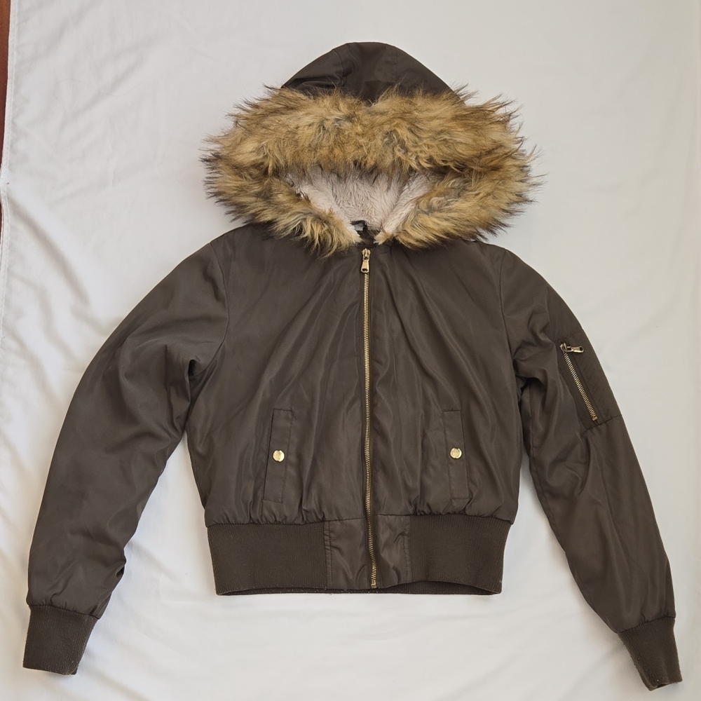 Rue21 Olive Bomber Jacket with Faux Fur Hood